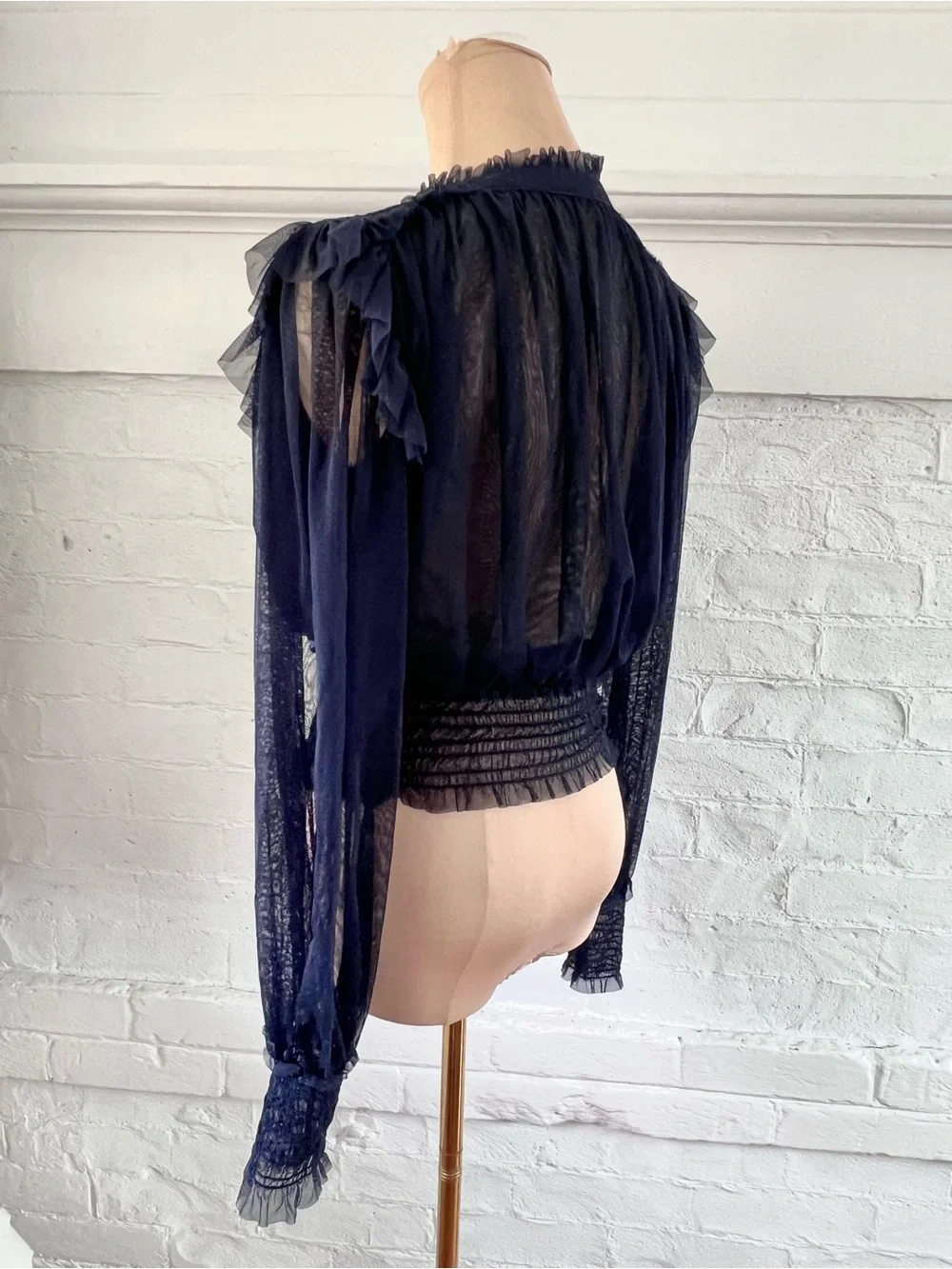 Free People Twila Sheer Net Tulle Cropped Blouse Indigo Lost Blue Boho Size Smal